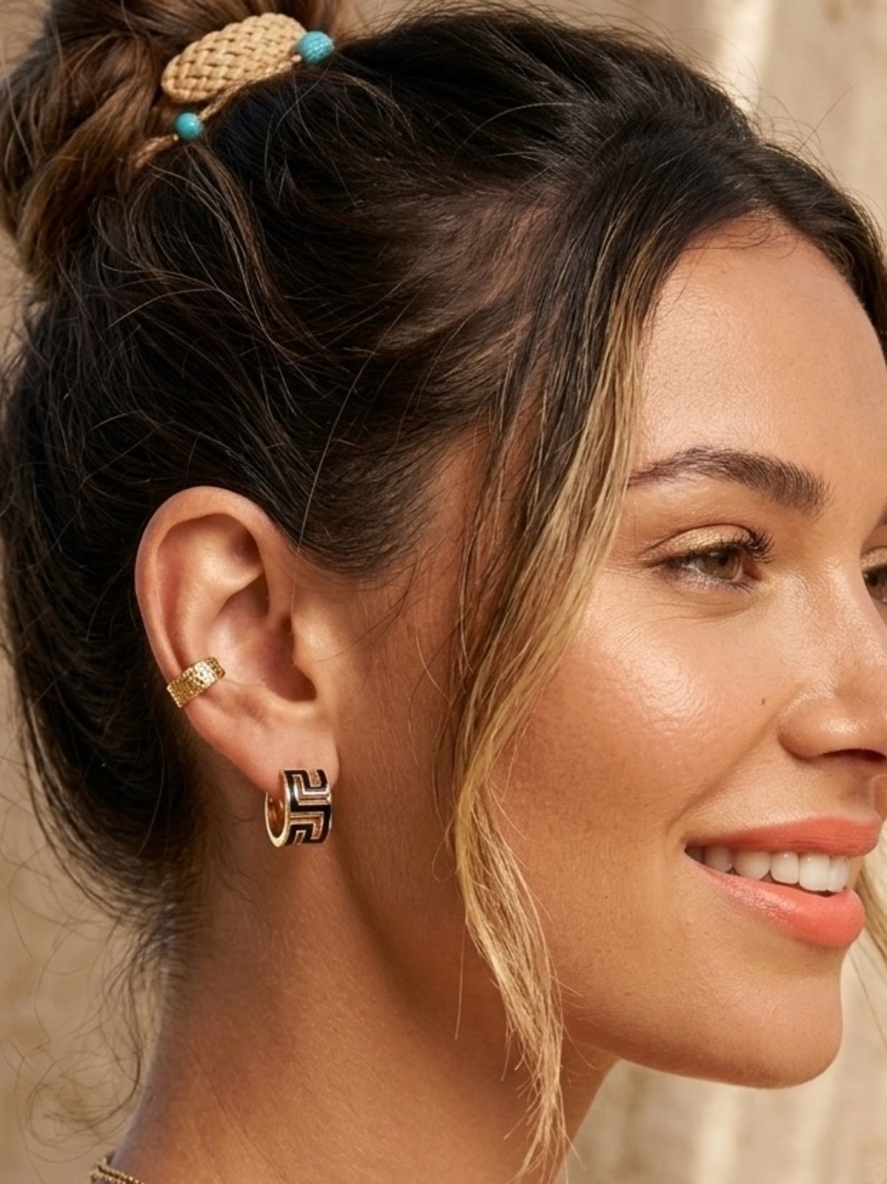 14K Gold Plated Black Enamel Greek Key Huggie Hoop Earrings | Meander Design - Picture 6 of 10